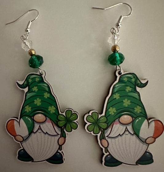 Saint Patrick's Day Shamrock Gnome Wood Earrings - Cute Dangle Jewelry