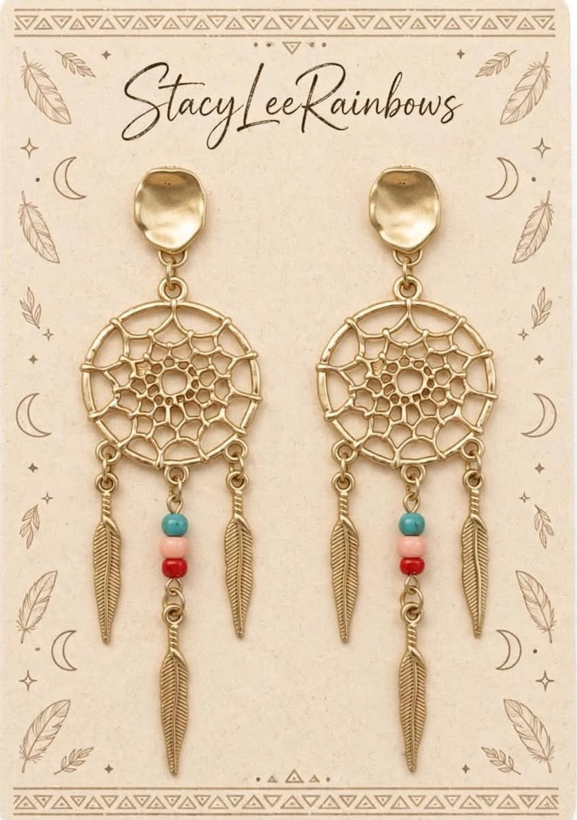 Golden Dreamcatcher Design Metal Earrings - Delicate Spiritual Jewelry