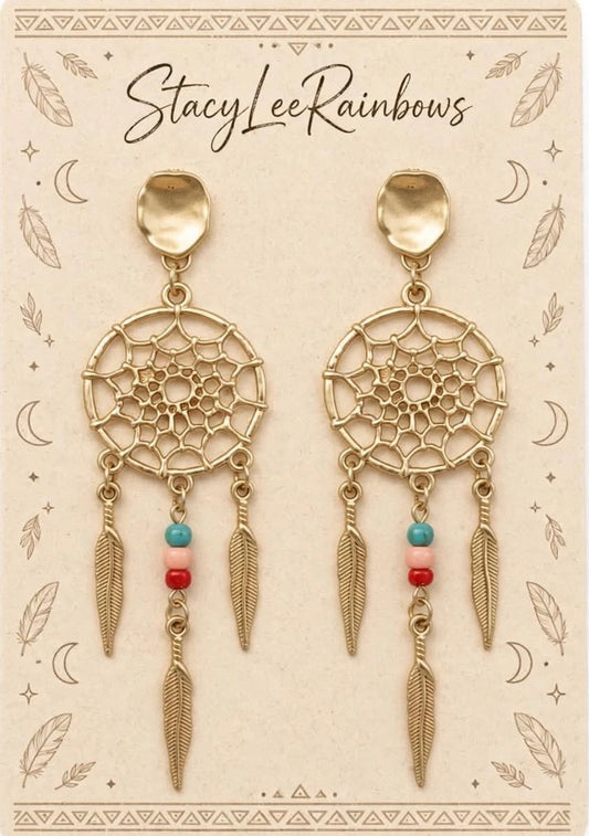 Golden Dreamcatcher Design Metal Earrings - Delicate Spiritual Jewelry