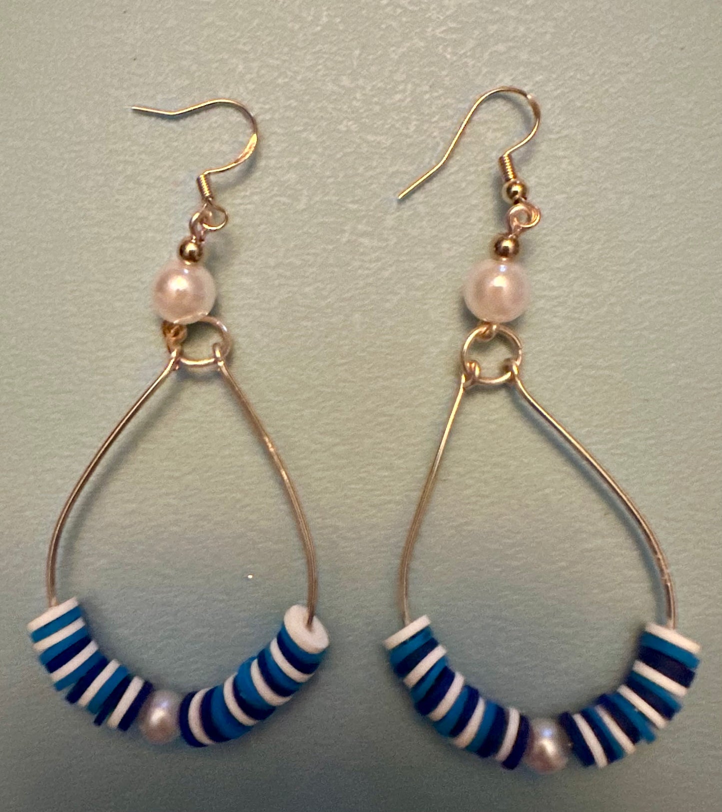 Blue & White Pearl Beaded Wire Metal Earrings - Fancy Teardrop Jewelry