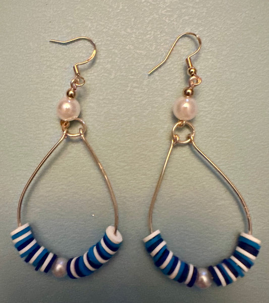 Blue & White Pearl Beaded Wire Metal Earrings - Fancy Teardrop Jewelry