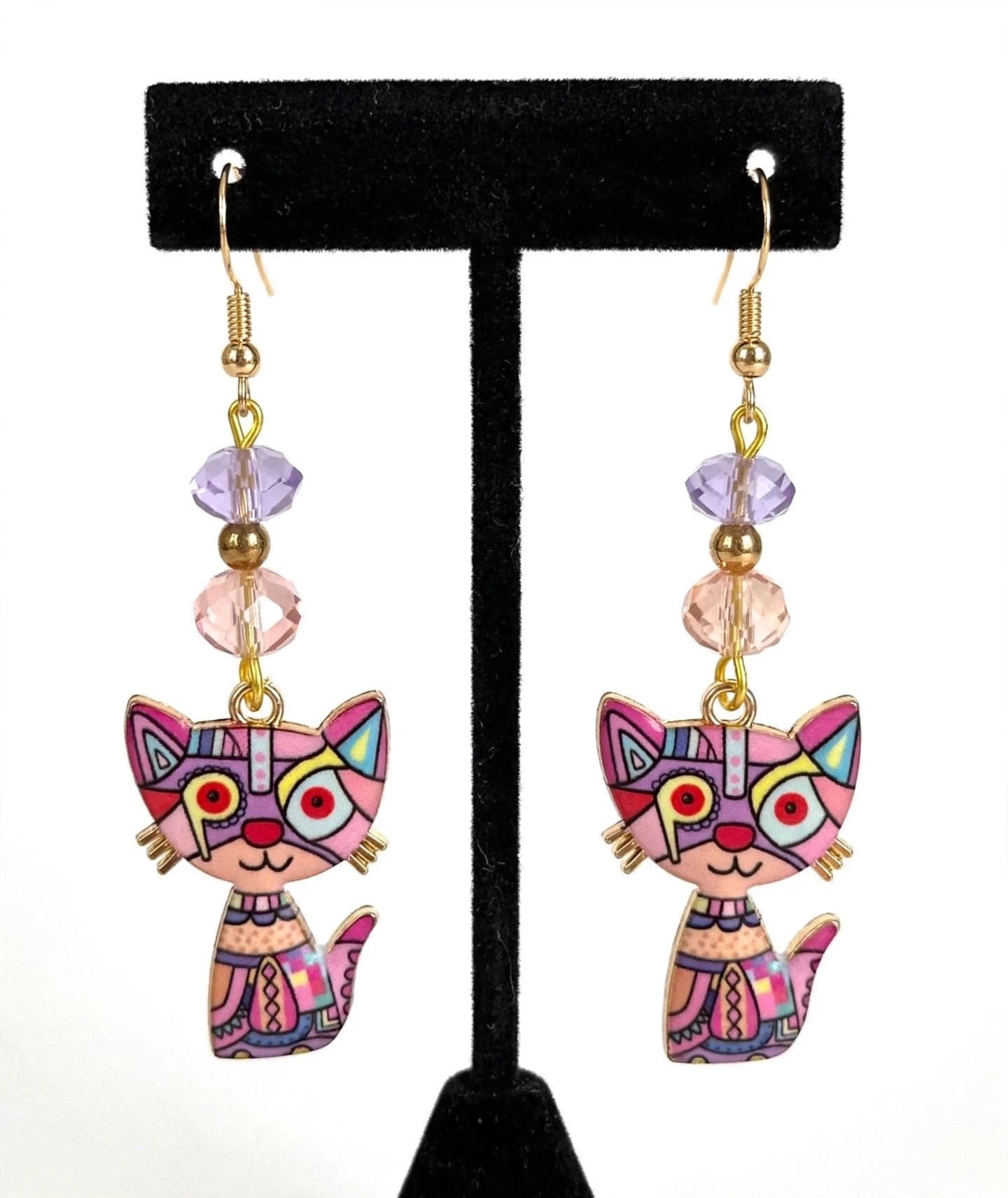 Pink Colorful Cat Enamel Charm Earrings - Abstract Dangle Jewelry