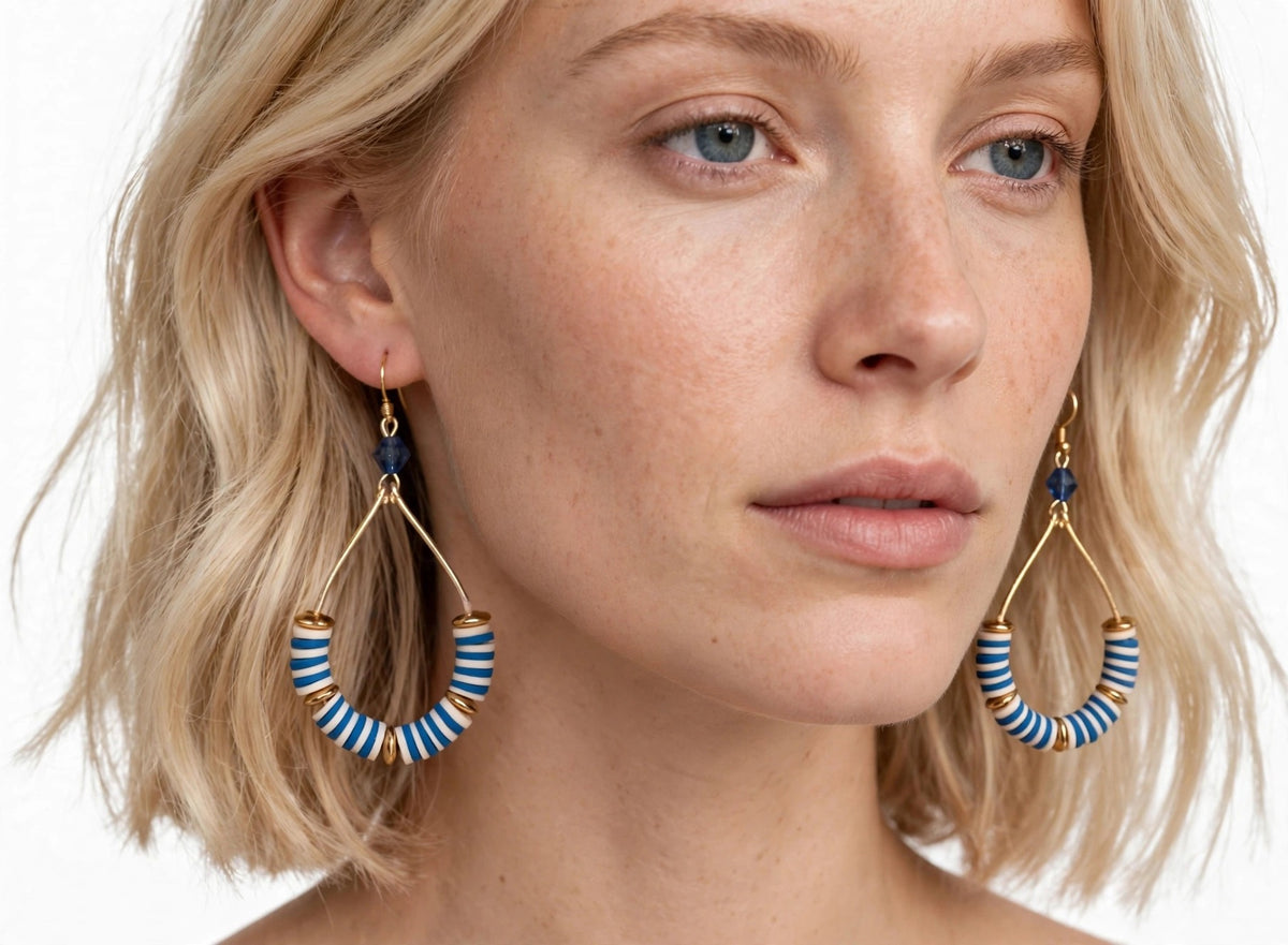 Blue & White Beaded Wire Metal Earrings - Fancy Teardrop Jewelry