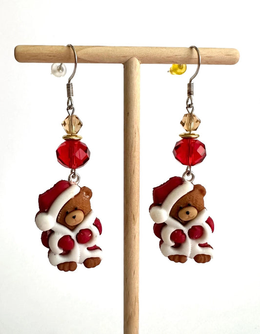 Santa Teddy Bear Clay & Resin Earrings Cozy Holiday Jewelry