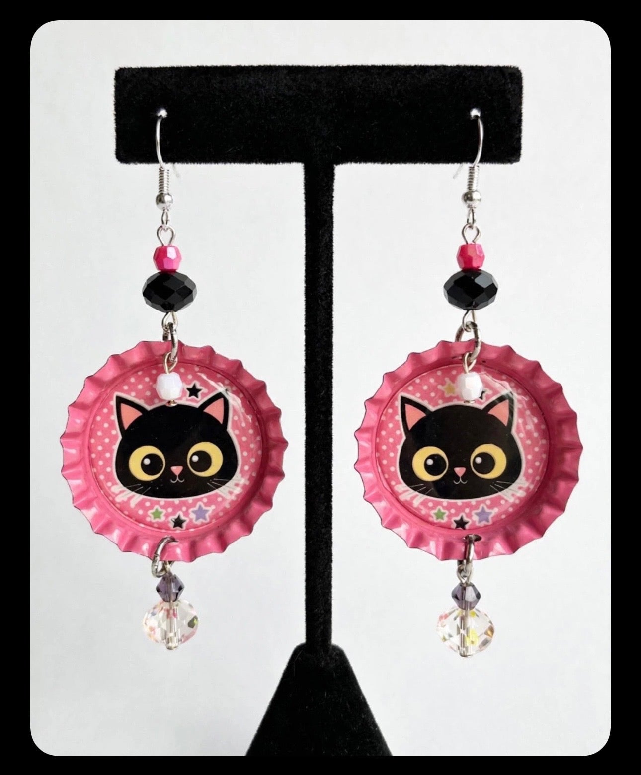 Starry Black Cat Bottlecap Earrings - Whimsical Cute Dangle Jewelry