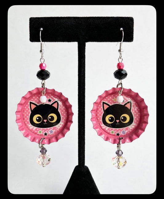 Starry Black Cat Bottlecap Earrings - Whimsical Cute Dangle Jewelry