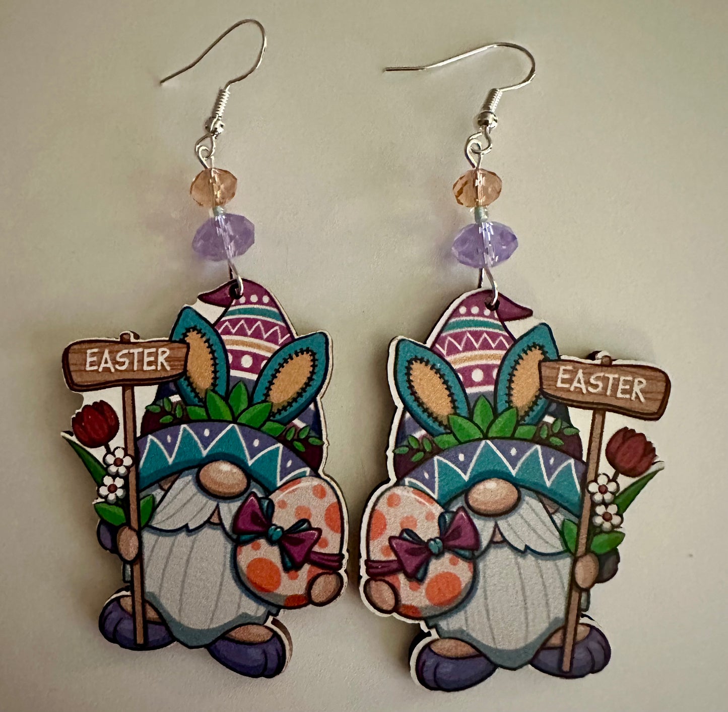 Easter Sign Gnome Wood Earrings - Colorful Dangle Jewelry