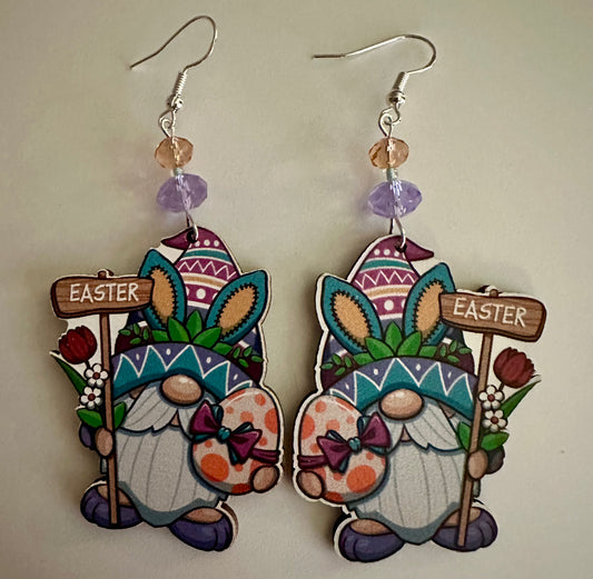 Easter Sign Gnome Wood Earrings - Colorful Dangle Jewelry