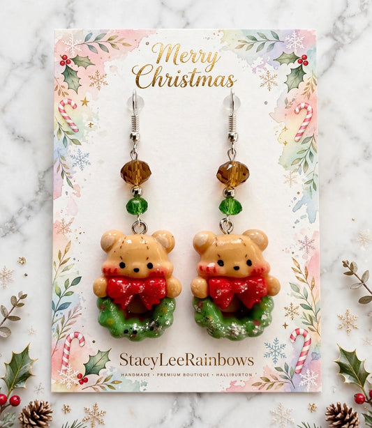 Christmas Bear Wreath Dangle Clay Resin Earrings - Festive Handmade Holiday Jewelry