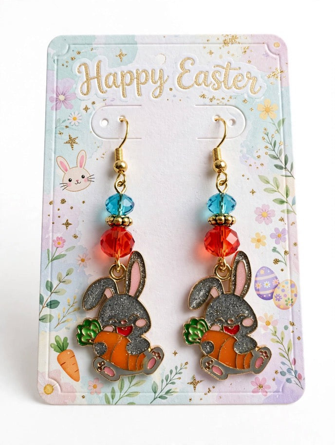 Easter Bunny Carrot Cute Enamel Earrings - Adorable Dangle Jewelry