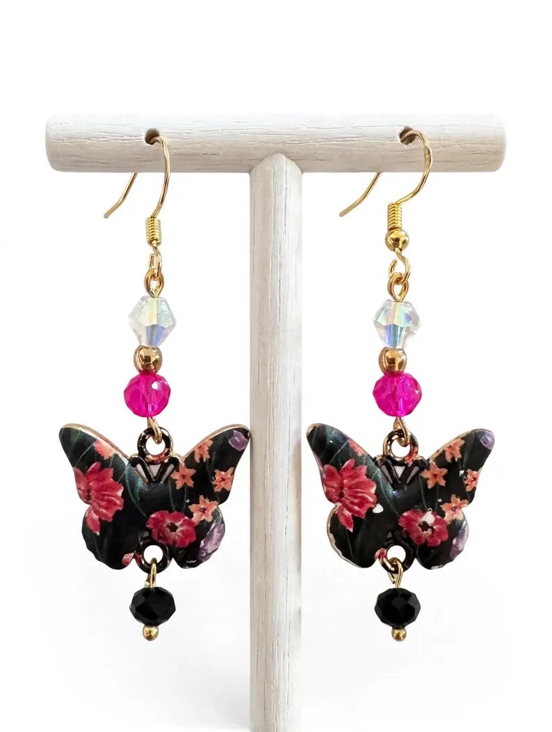 Blooming Butterfly Enamel Earrings - Floral Dangle Jewelry