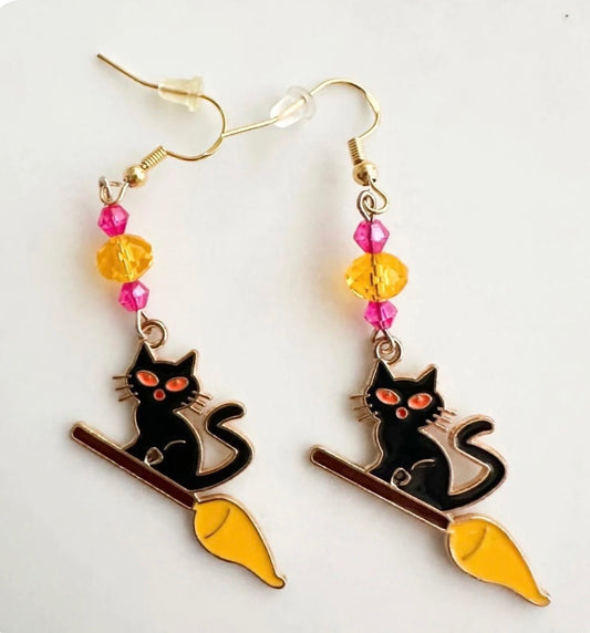 Black Cat on Broom Enamel Earrings - Halloween Dangle Jewelry