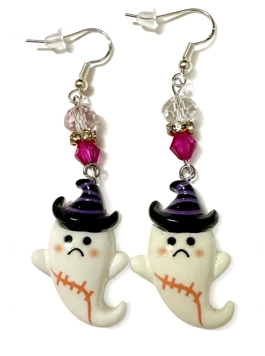 Sad Ghost Witch Clay & Resin Earrings - Spooky Kawaii Dangle Jewelry