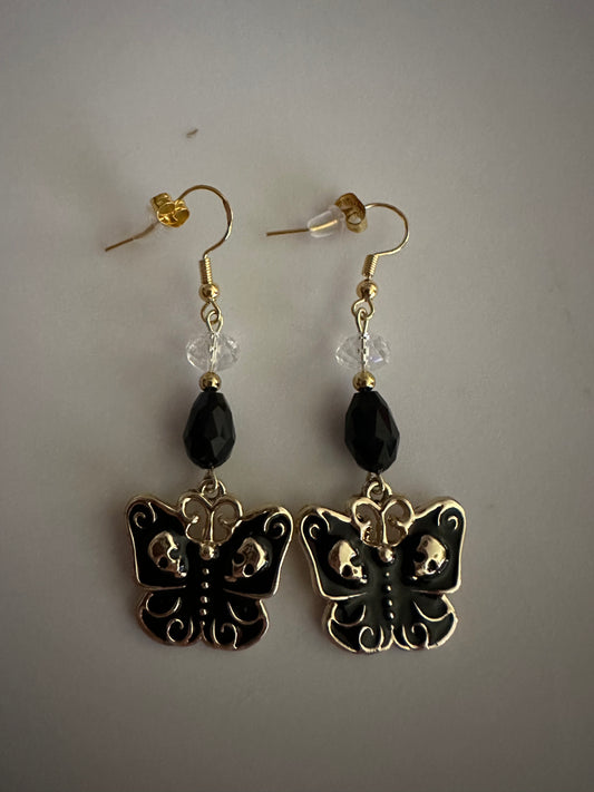 Gothic Black Butterfly Skull Earrings - Enamel Dark Dangle Jewelry