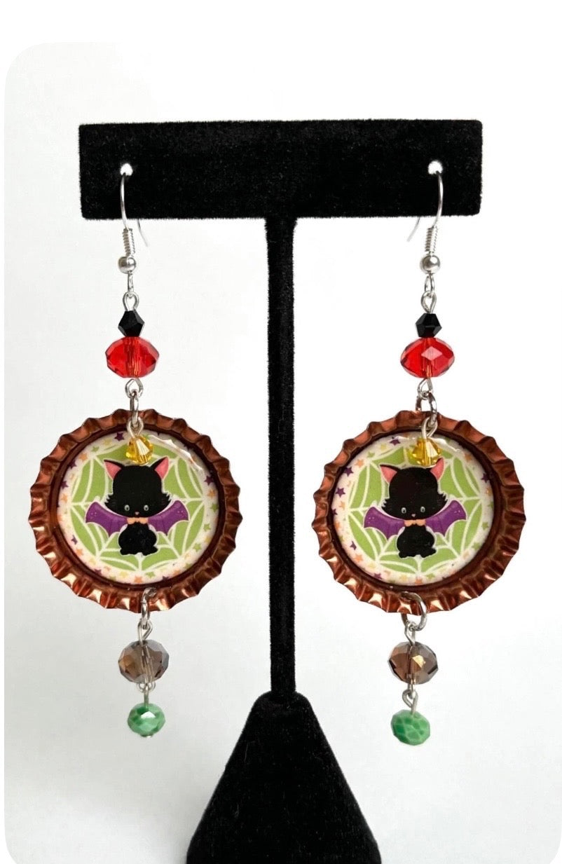 Halloween Bat Cat Bottlecap Earrings - Spooky Cute Dangle Jewelry
