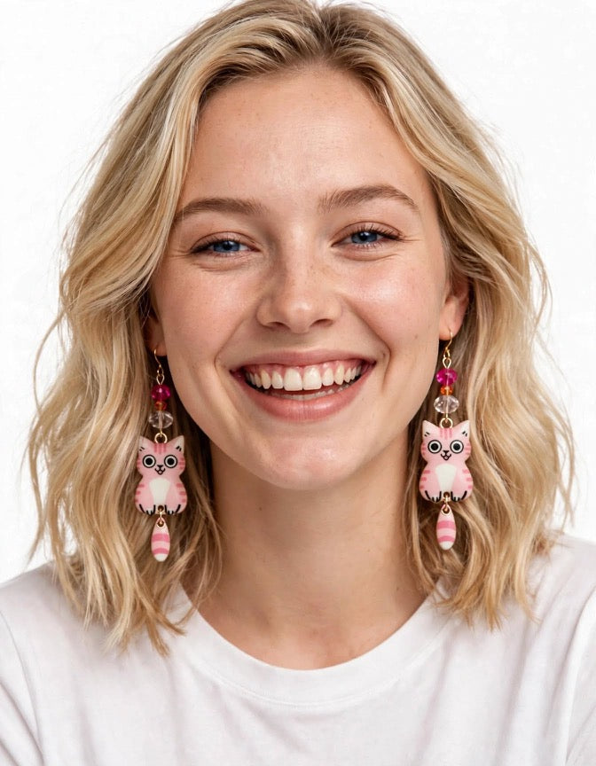 Swinging Cutie Kitty - Pink Bubblegum Cat Enamel Earrings - Dangle Jewelry