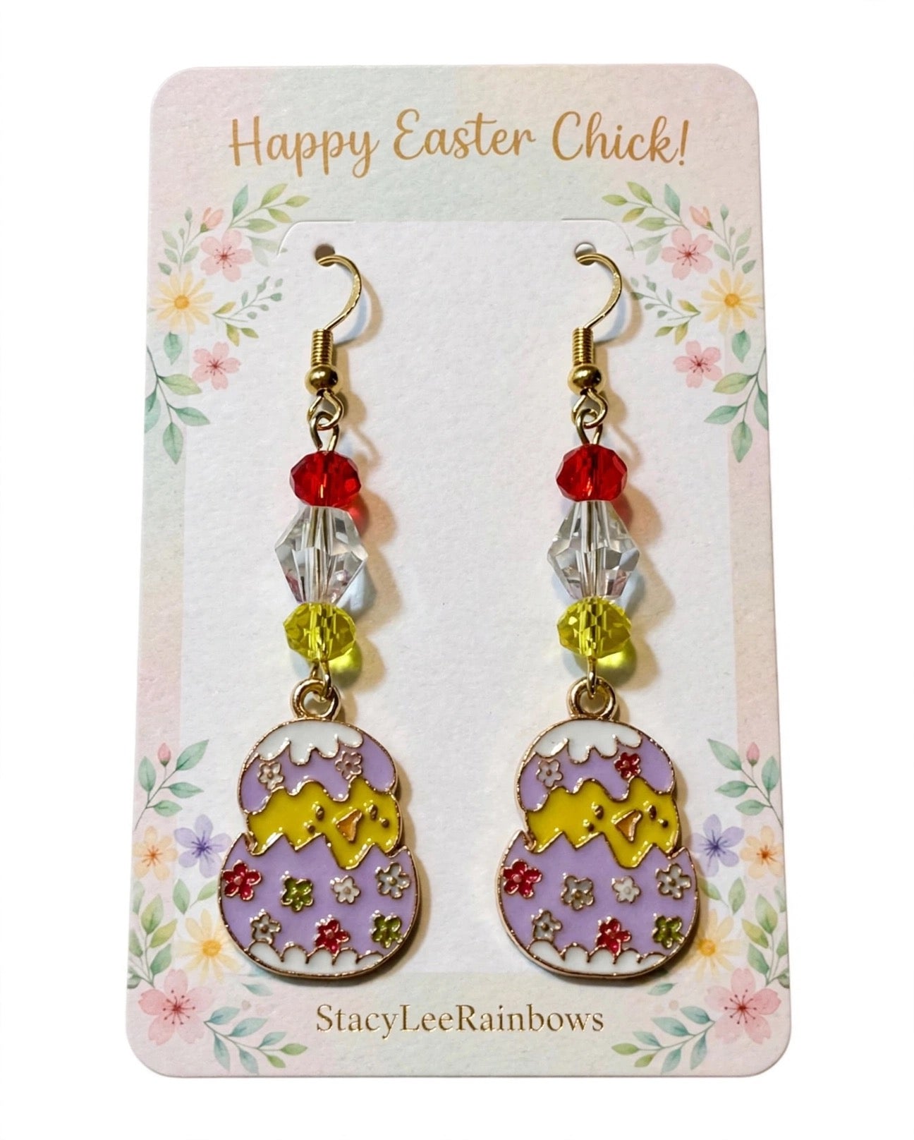Chick Peeking Easter Enamel Charm Earrings - Pastel Floral Design Dangle Jewelry