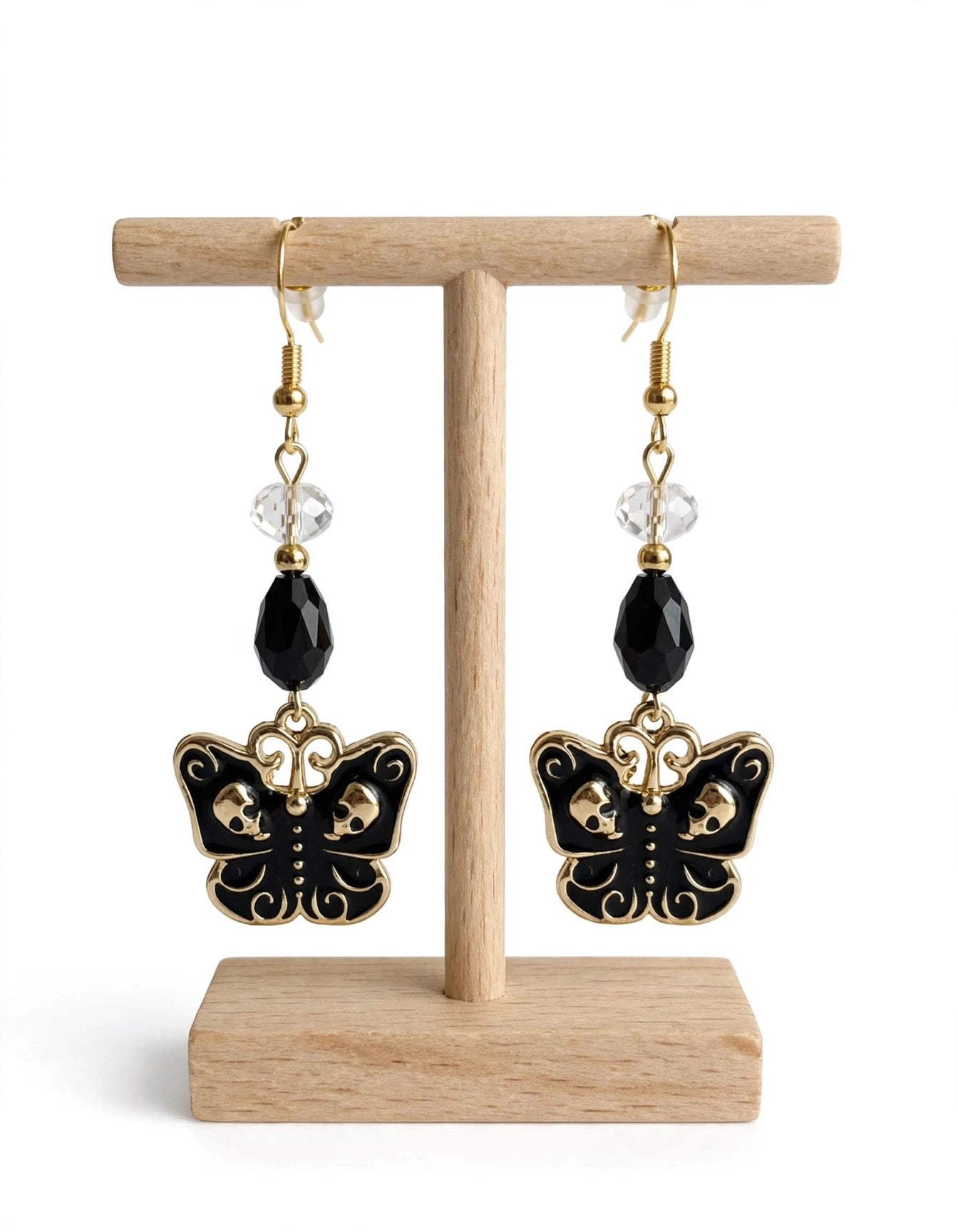 Gothic Black Butterfly Skull Earrings - Enamel Dark Dangle Jewelry