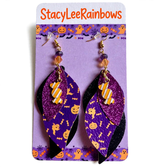 Halloween Candy Faux Leather Enamel Charm Earrings - Spooky Cute Dangle Jewelry
