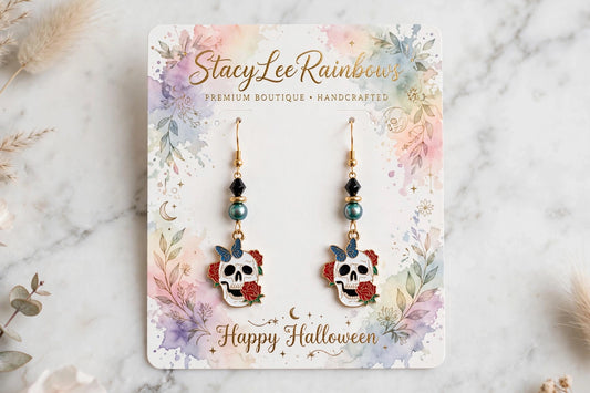 Butterfly Red Rose Sugar Skull Enamel Earrings - Elegant Dangle Jewelry