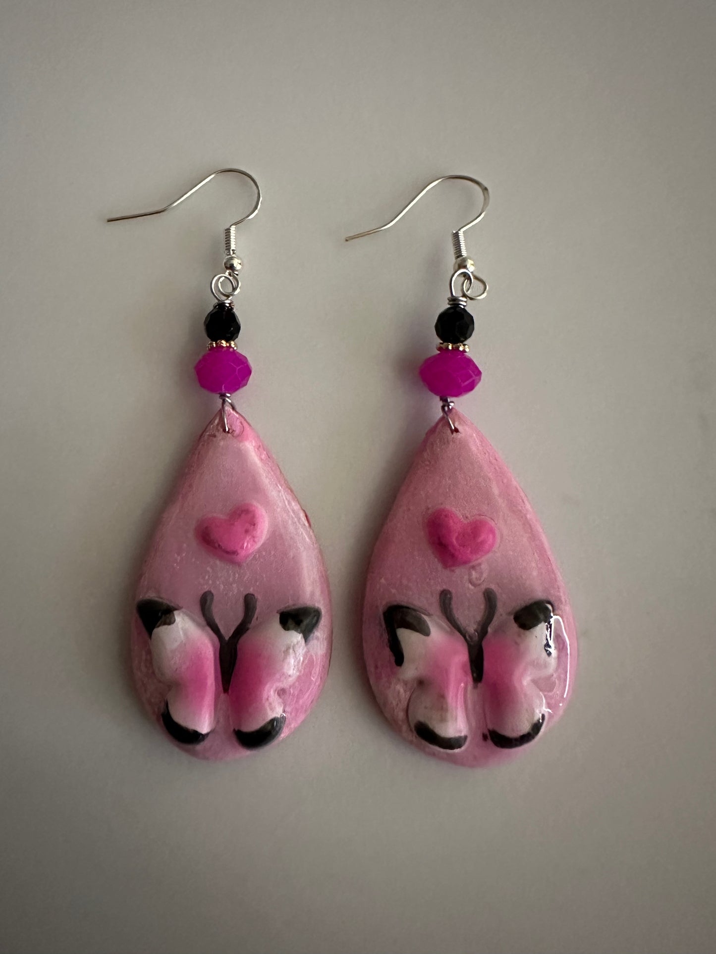 Pink Butterfly & Heart Teardrop Earrings - Romantic Clay & Resin Jewelry
