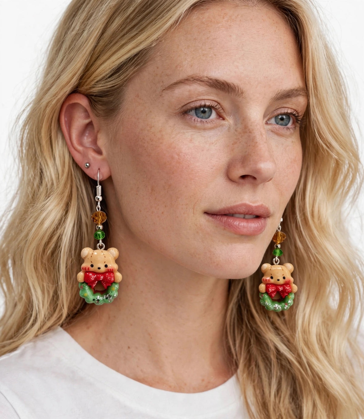 Christmas Bear Wreath Dangle Clay Resin Earrings - Festive Handmade Holiday Jewelry
