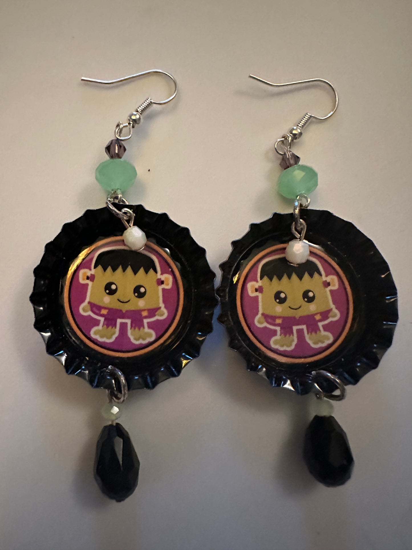 Halloween Frankensteins Monster Bottlecap Earrings - Spooky Cute Dangle Jewelry