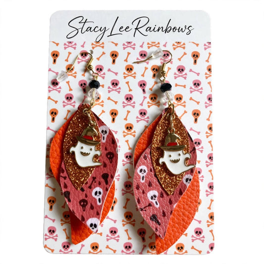 Halloween Witch Ghost Faux Leather Enamel Charm Earrings - Spooky Cute Dangle Jewelry