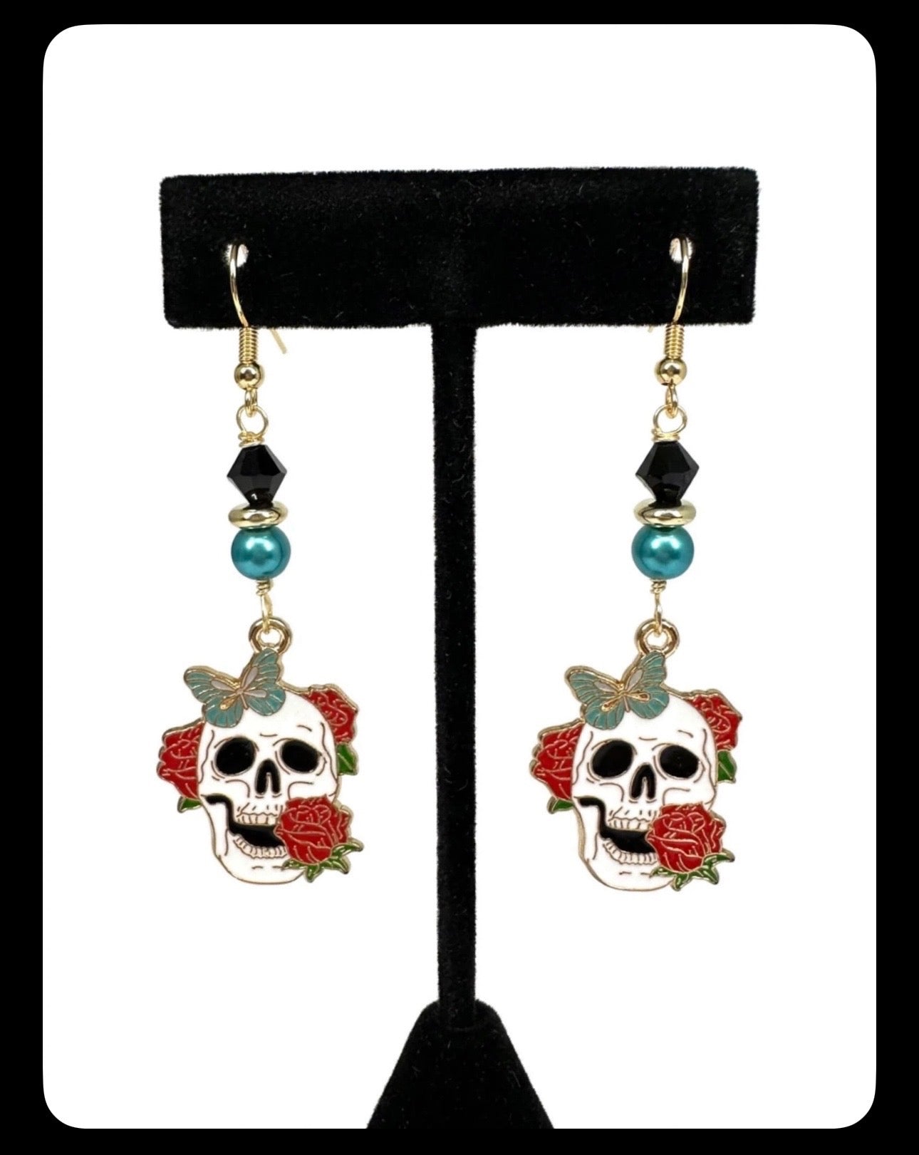 Butterfly Red Rose Sugar Skull Enamel Earrings - Elegant Dangle Jewelry