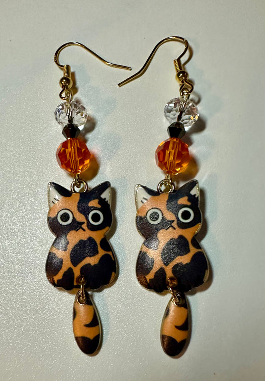 Swinging Cutie Kitty - Black and Orange Pattern Cat Enamel Earrings - Dangle Jewelry